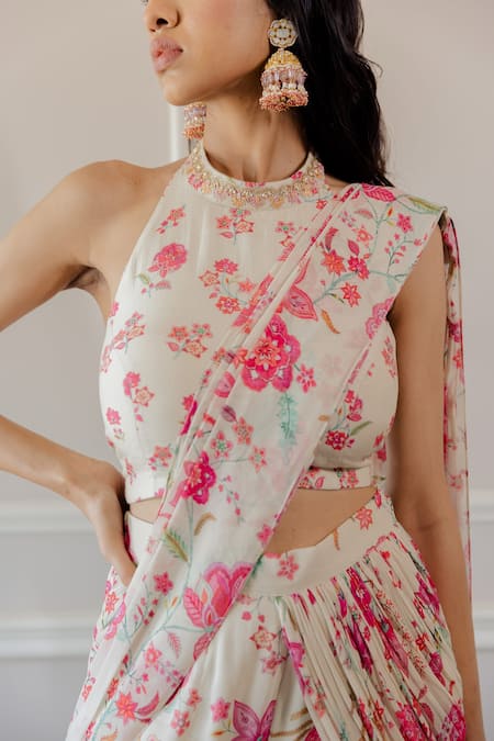 Shop_Paulmi And Harsh_White Saree Georgette Blouse Cotton Silk Belt Leather Print Sharara With _Online_at_Aza_Fashions