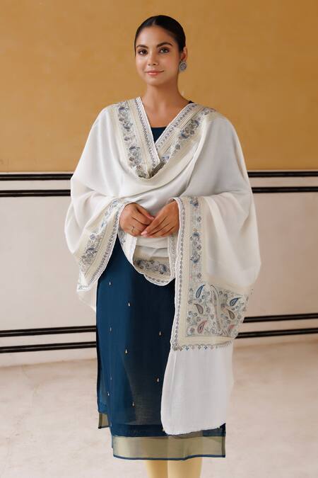 Geroo Jaipur_White Kashmiri Floral Embroidered Shawl_Online_at_Aza_Fashions
