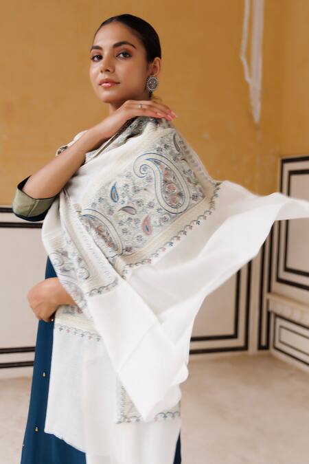 Shop_Geroo Jaipur_White Kashmiri Floral Embroidered Shawl_Online_at_Aza_Fashions