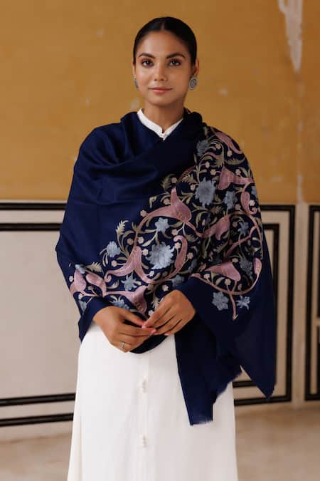 Geroo Jaipur_Blue Wool Floral Embroidered Shawl _Online_at_Aza_Fashions