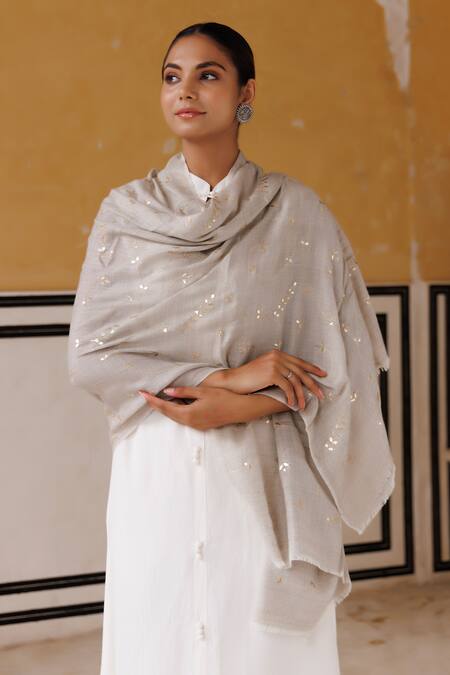 Shop_Geroo Jaipur_Grey Wool Gotapatti Work Shawl _at_Aza_Fashions