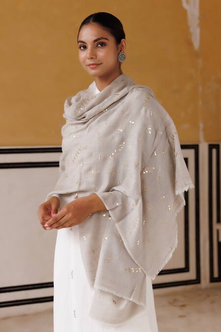 Geroo Jaipur_Grey Wool Gotapatti Work Shawl _Online_at_Aza_Fashions