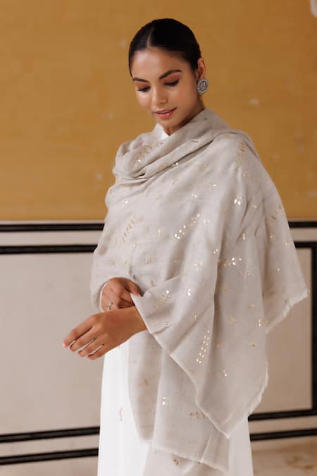 Buy_Geroo Jaipur_Grey Wool Gotapatti Work Shawl _Online_at_Aza_Fashions