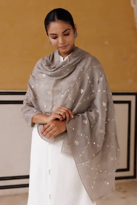 Shop Geroo Jaipur Grey Floral Gotapatti Work Shawl at Aza Fashions Shop_Geroo Jaipur_Grey Floral Gotapatti Work Shawl _at_Aza_Fashions