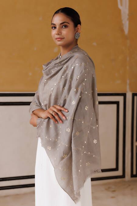 Geroo Jaipur Grey Floral Gotapatti Work Shawl Online at Aza Fashions Geroo Jaipur_Grey Floral Gotapatti Work Shawl _Online_at_Aza_Fashions