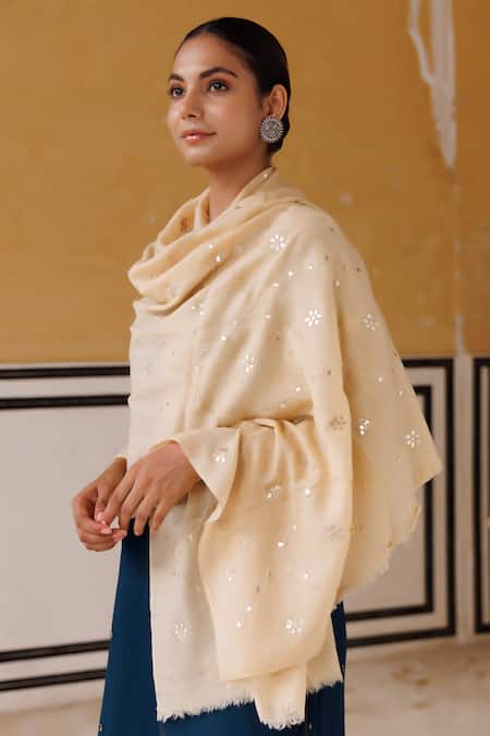 Geroo Jaipur_Beige Jaal Embroidered Shawl _Online_at_Aza_Fashions