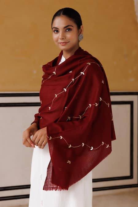 Shop Geroo Jaipur Maroon Wool Jaal Pattern Shawl at Aza Fashions Shop_Geroo Jaipur_Maroon Wool Jaal Pattern Shawl _at_Aza_Fashions