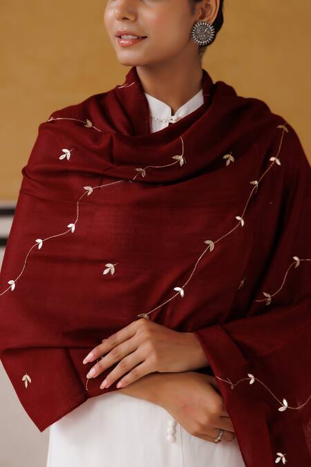 Shop Geroo Jaipur Maroon Wool Jaal Pattern Shawl Online at Aza Fashions Shop_Geroo Jaipur_Maroon Wool Jaal Pattern Shawl _Online_at_Aza_Fashions
