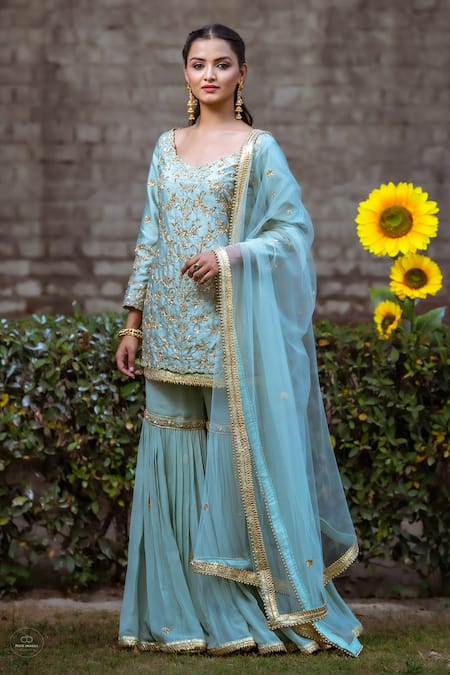Sangeeta Swati Blue Dupion Silk Zardozi Embroidered Kurta Set