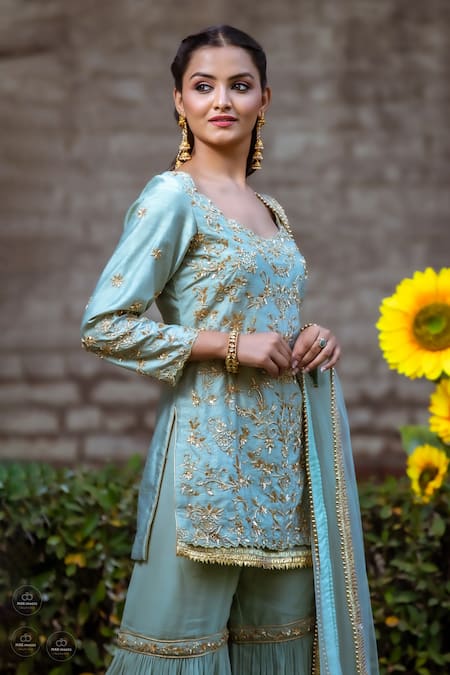 Buy_Sangeeta Swati_Blue Net, Viscose, Silk Sequins, Zari Round Neck Zardozi Embroidered Kurta Set _Online_at_Aza_Fashions