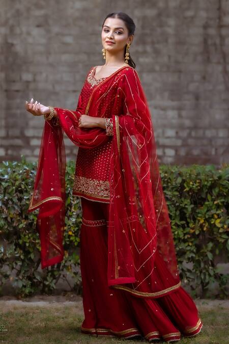 Shop_Sangeeta Swati_Maroon Net, Viscose, Silk Sequins, Zari, Embroidery V-neck Kurta Gharara Set _Online_at_Aza_Fashions