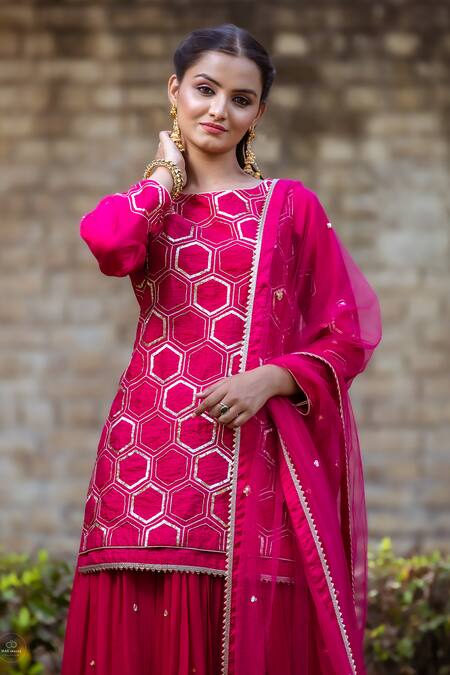 Sangeeta Swati_Pink Net, Viscose, Silk Sequins, Beads, Hexagon Pattern Kurta Sharara Set _Online_at_Aza_Fashions