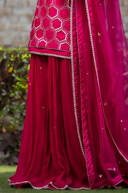 Buy_Sangeeta Swati_Pink Net, Viscose, Silk Sequins, Beads, Hexagon Pattern Kurta Sharara Set _Online_at_Aza_Fashions
