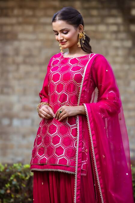 Shop_Sangeeta Swati_Pink Net, Viscose, Silk Sequins, Beads, Hexagon Pattern Kurta Sharara Set _Online_at_Aza_Fashions