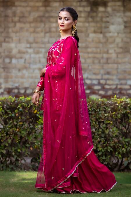 Sangeeta Swati_Pink Net, Viscose, Silk Sequins, Beads, Hexagon Pattern Kurta Sharara Set _at_Aza_Fashions