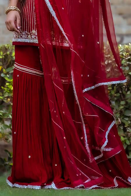 Sangeeta Swati Maroon Net, Viscose, Silk Sequins, Gota Patti, Stripe Kurta Gharara Set Online at Aza Fashions Sangeeta Swati_Maroon Net, Viscose, Silk Sequins, Gota Patti, Stripe Kurta Gharara Set _Online_at_Aza_Fashions