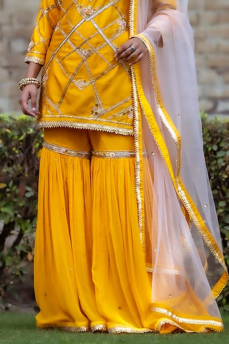 Sangeeta Swati_Yellow Silk, Georgette, Net, Viscose Gota Patti, Geometric Kurta Gharara Set _Online_at_Aza_Fashions