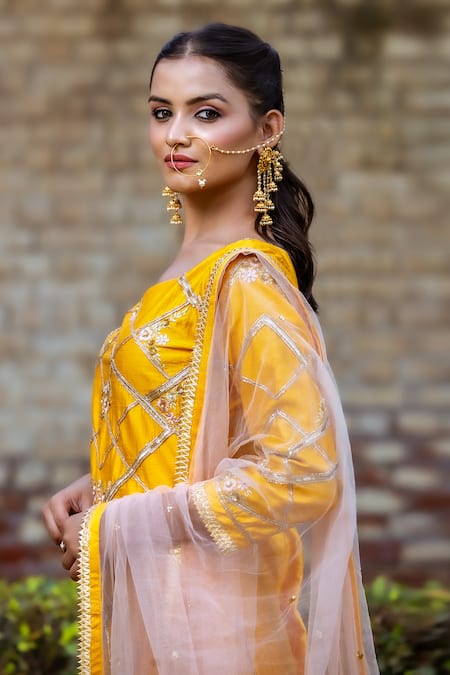 Shop_Sangeeta Swati_Yellow Silk, Georgette, Net, Viscose Gota Patti, Geometric Kurta Gharara Set _Online_at_Aza_Fashions