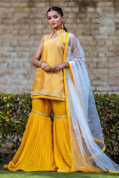 Sangeeta Swati Yellow Dupion Silk Embroidery Gota Mandarin Collar Kurta Sharara Set 