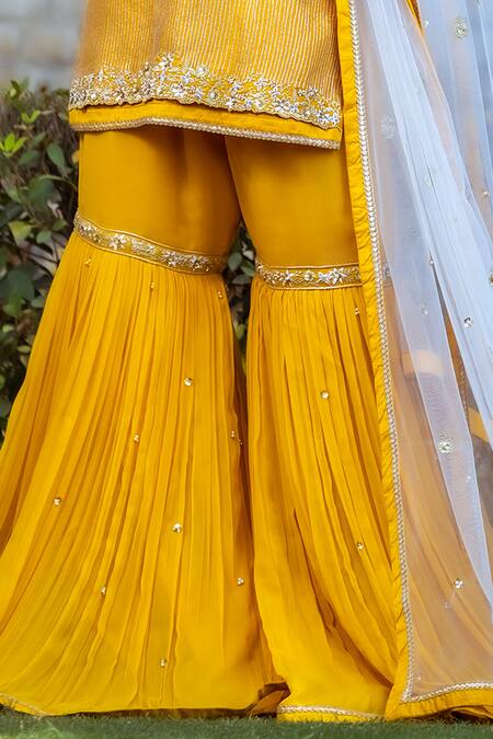 Sangeeta Swati_Yellow Net, Silk, Georgette, Viscose Sequins, Beads, Gota Kurta Sharara Set _Online_at_Aza_Fashions