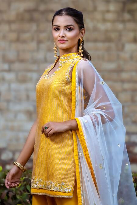Buy_Sangeeta Swati_Yellow Net, Silk, Georgette, Viscose Sequins, Beads, Gota Kurta Sharara Set _Online_at_Aza_Fashions
