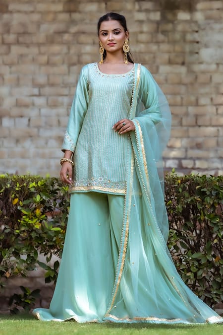 Sangeeta Swati Green Dupion Silk Embroidery Gota Round Linear Kurta Gharara Set 