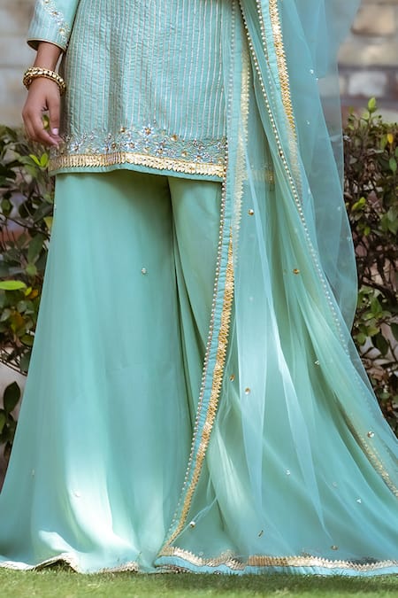 Sangeeta Swati_Green Net, Silk, Georgette, Viscose Gota Patti, Beads, Linear Kurta Gharara Set _Online_at_Aza_Fashions