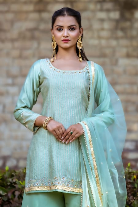 Buy_Sangeeta Swati_Green Net, Silk, Georgette, Viscose Gota Patti, Beads, Linear Kurta Gharara Set _Online_at_Aza_Fashions