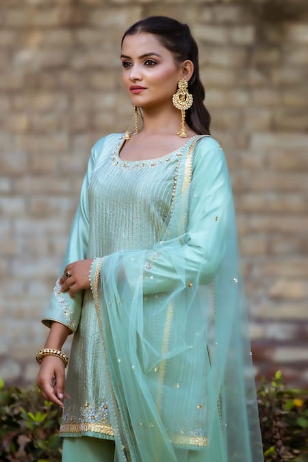 Shop_Sangeeta Swati_Green Net, Silk, Georgette, Viscose Gota Patti, Beads, Linear Kurta Gharara Set _Online_at_Aza_Fashions