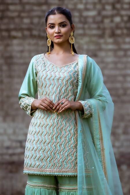 Shop_Sangeeta Swati_Green Silk, Georgette, Net, Viscose Cut Chevron Embroidered Kurta Gharara Set _Online_at_Aza_Fashions