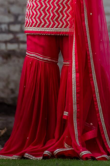 Sangeeta Swati_Pink Net, Viscose, Silk, Georgette Zig Zag Embroidered Kurta Gharara Set _Online_at_Aza_Fashions