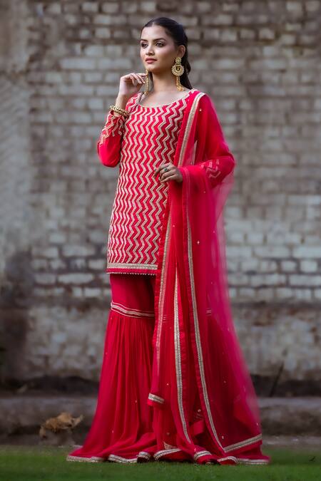 Buy_Sangeeta Swati_Pink Net, Viscose, Silk, Georgette Zig Zag Embroidered Kurta Gharara Set _Online_at_Aza_Fashions