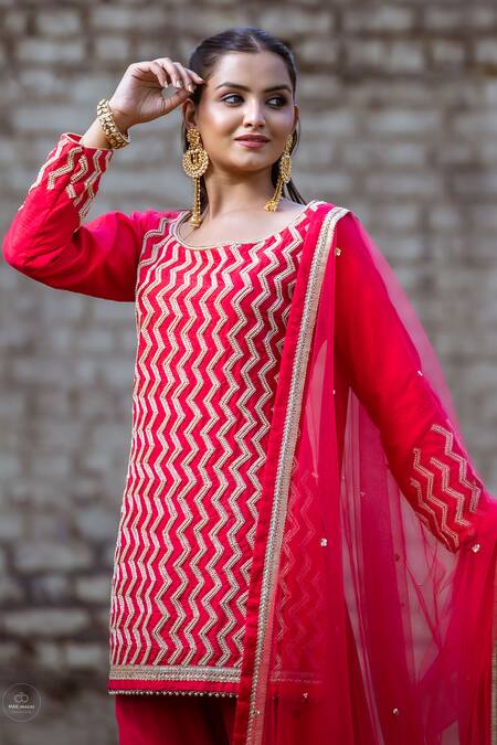 Shop_Sangeeta Swati_Pink Net, Viscose, Silk, Georgette Zig Zag Embroidered Kurta Gharara Set _Online_at_Aza_Fashions