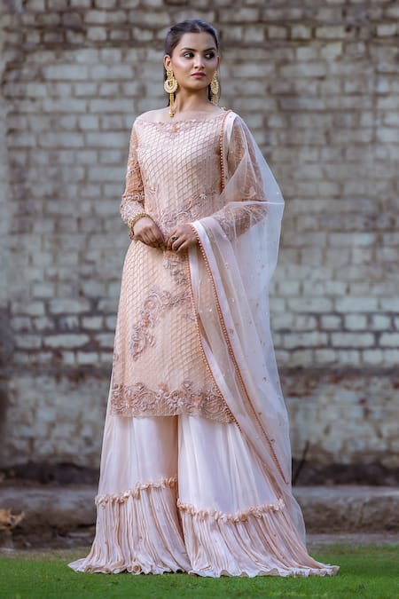 Sangeeta Swati Peach Dupion Silk Embroidery Pearl Straight Neck Kurta Gharara Set 