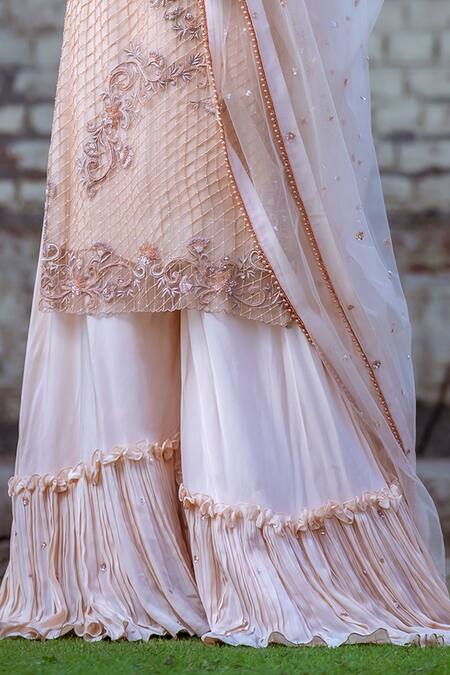 Sangeeta Swati_Peach Net, Silk, Viscose Pearls, Sequins, Embroidery Kurta Gharara Set _Online_at_Aza_Fashions