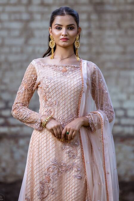 Buy_Sangeeta Swati_Peach Net, Silk, Viscose Pearls, Sequins, Embroidery Kurta Gharara Set _Online_at_Aza_Fashions