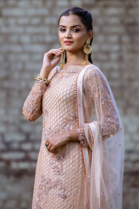 Shop_Sangeeta Swati_Peach Net, Silk, Viscose Pearls, Sequins, Embroidery Kurta Gharara Set _Online_at_Aza_Fashions