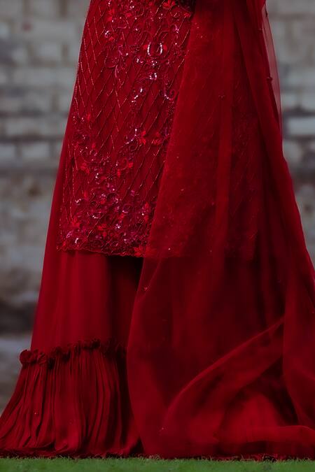 Sangeeta Swati Maroon Crepe, Chiffon Pearls, Sequins, Embroidery Checkered Kurta Gharara Set Online at Aza Fashions Sangeeta Swati_Maroon Crepe, Chiffon Pearls, Sequins, Embroidery Checkered Kurta Gharara Set _Online_at_Aza_Fashions