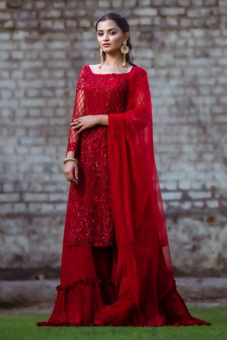 Buy Sangeeta Swati Maroon Crepe, Chiffon Pearls, Sequins, Embroidery Checkered Kurta Gharara Set Online at Aza Fashions Buy_Sangeeta Swati_Maroon Crepe, Chiffon Pearls, Sequins, Embroidery Checkered Kurta Gharara Set _Online_at_Aza_Fashions