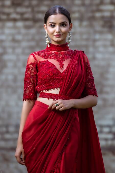 Buy_Sangeeta Swati_Maroon Georgette, Silk Cut Work, Embroidery, Pre-draped Saree With Blouse _Online_at_Aza_Fashions