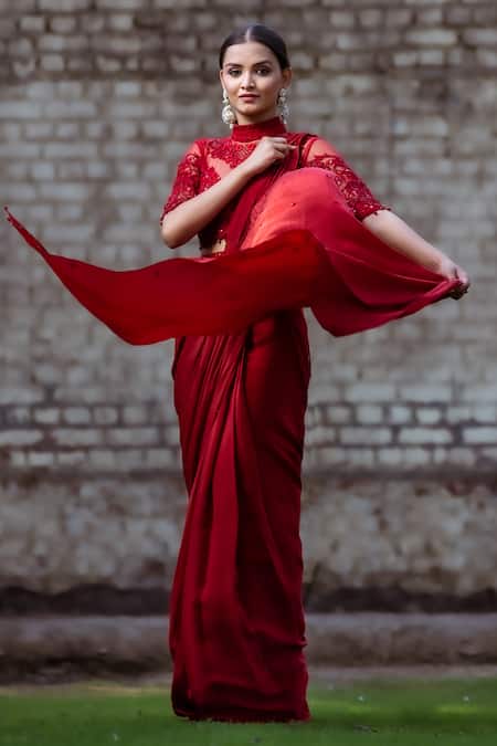 Shop_Sangeeta Swati_Maroon Georgette, Silk Cut Work, Embroidery, Pre-draped Saree With Blouse _Online_at_Aza_Fashions