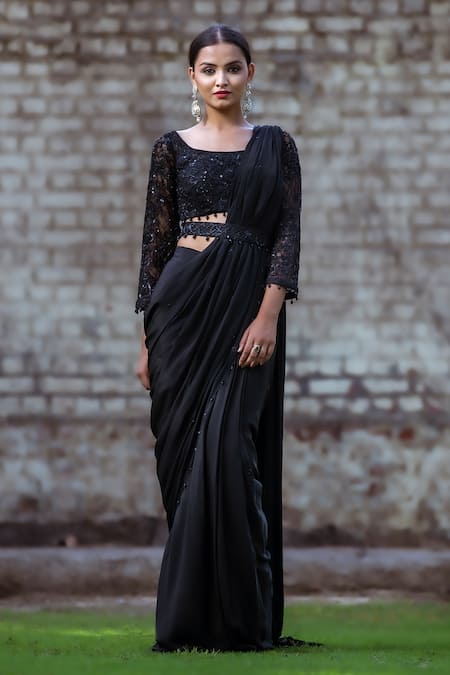 Sangeeta Swati Black Embroidery Cutdana Square Border Pre-draped Saree With Blouse 