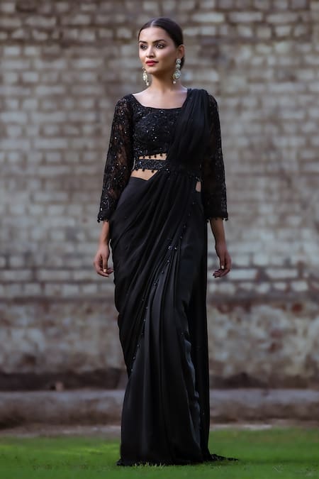 Sangeeta Swati_Black Silk, Georgette Embroidery, Cut Work, Border Pre-draped Saree With Blouse _Online_at_Aza_Fashions