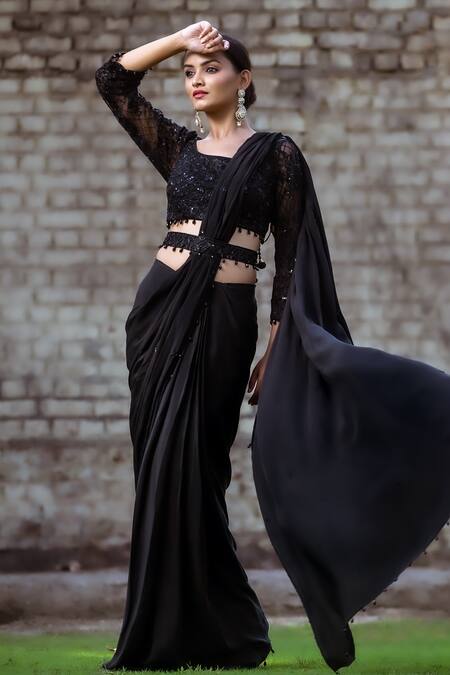 Buy_Sangeeta Swati_Black Silk, Georgette Embroidery, Cut Work, Border Pre-draped Saree With Blouse _Online_at_Aza_Fashions