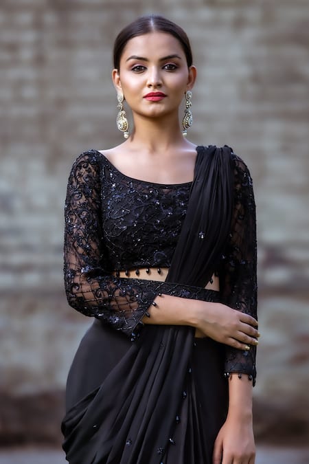 Shop_Sangeeta Swati_Black Silk, Georgette Embroidery, Cut Work, Border Pre-draped Saree With Blouse _Online_at_Aza_Fashions