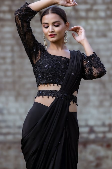 Sangeeta Swati_Black Silk, Georgette Embroidery, Cut Work, Border Pre-draped Saree With Blouse _at_Aza_Fashions