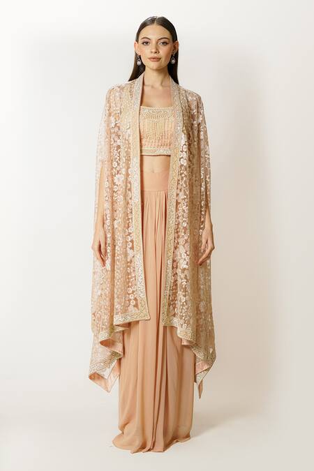 Rabani & Rakha_Pink Georgette Sequins, Pearls, Embroidery Round Neck Adha Cape Skirt Set _Online_at_Aza_Fashions