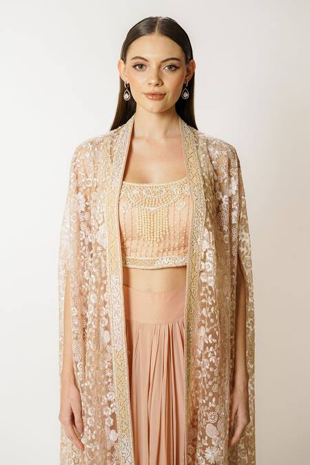 Shop_Rabani & Rakha_Pink Georgette Sequins, Pearls, Embroidery Round Neck Adha Cape Skirt Set _Online_at_Aza_Fashions