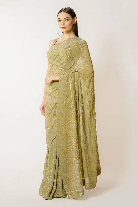 Rabani & Rakha_Green Georgette Sequins, Cut Work Zaynab Hand Embroidered Saree With Blouse _Online_at_Aza_Fashions