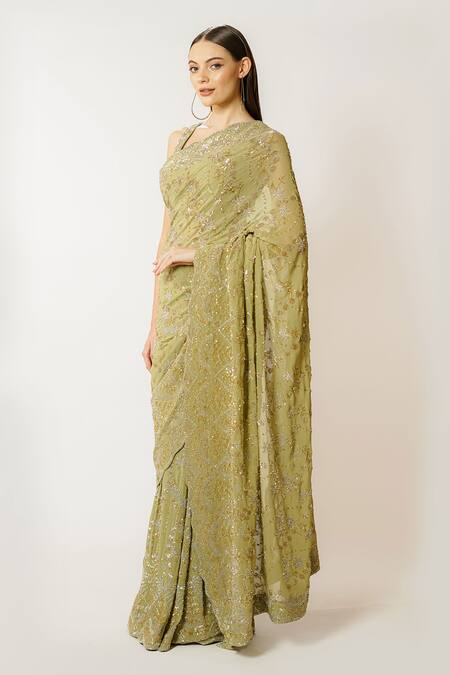 Buy_Rabani & Rakha_Green Georgette Sequins, Cut Work Zaynab Hand Embroidered Saree With Blouse _Online_at_Aza_Fashions